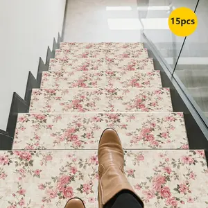 15pcs Pink Floral Pattern Printed Stair Treads, Non-Slip Stair Carpet, Step Protector Rugs, Indoor Room Supplies Bedside Accessories. Suitable for Indoor/outdoor Stairs, Wooden or Hard Surfaces, and Similar