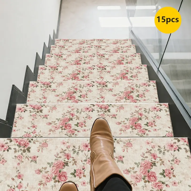 Joyfinity 15pcs Pink Floral Pattern Printed Stair Treads, Non-Slip Stair Carpet, Step Protector Rugs, Indoor Room Supplies Bedside Accessories. Suitable for Indoor/outdoor Stairs, Wooden or Hard Surfaces and Similar