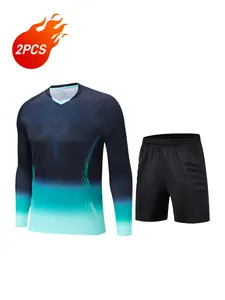 Two-Piece Set Men's Colorblock Long Sleeve Goalkeeper Jersey & Shorts Set, Breathable Quick Drying Football Training Top & Shorts, Football Goalkeeper Uniform, Football Kits