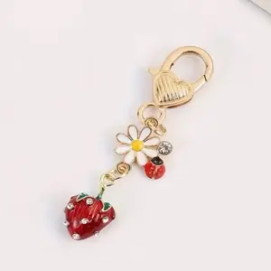 Strawberry Charm Keychain with Heart Clasp and Floral Design for Accessories