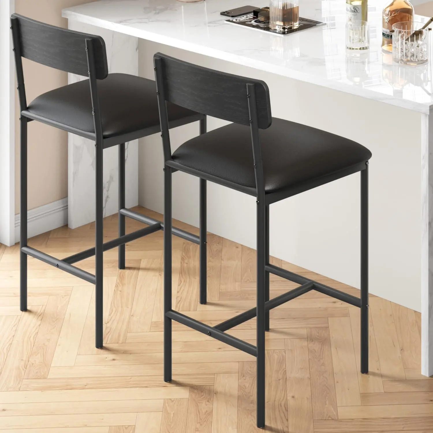 GARVEE Bar Stools Set of 2, Counter Height Bar Stools with Back & Upholstered Wider Seat, 25.5" Kitchen Barstools with Footrest for Kitchen Island, Bars Counter, Easy Assembly, Retro Black