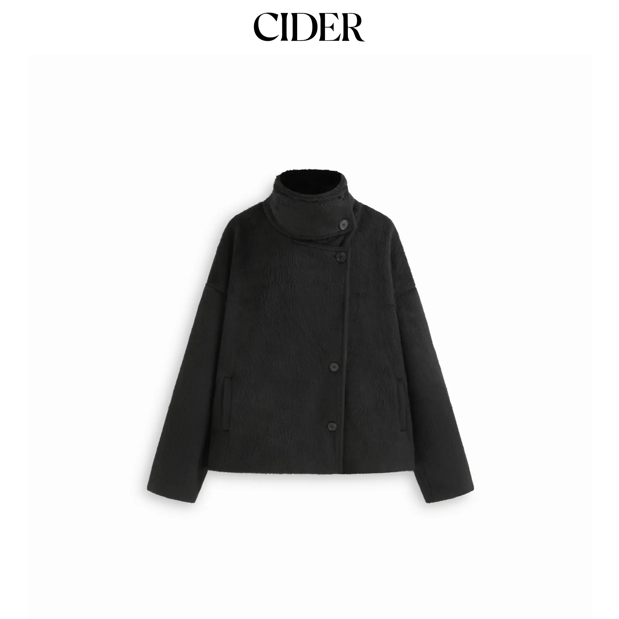 Cider Wool-look Mandarin Collar Button Long Sleeve Oversized Jacket