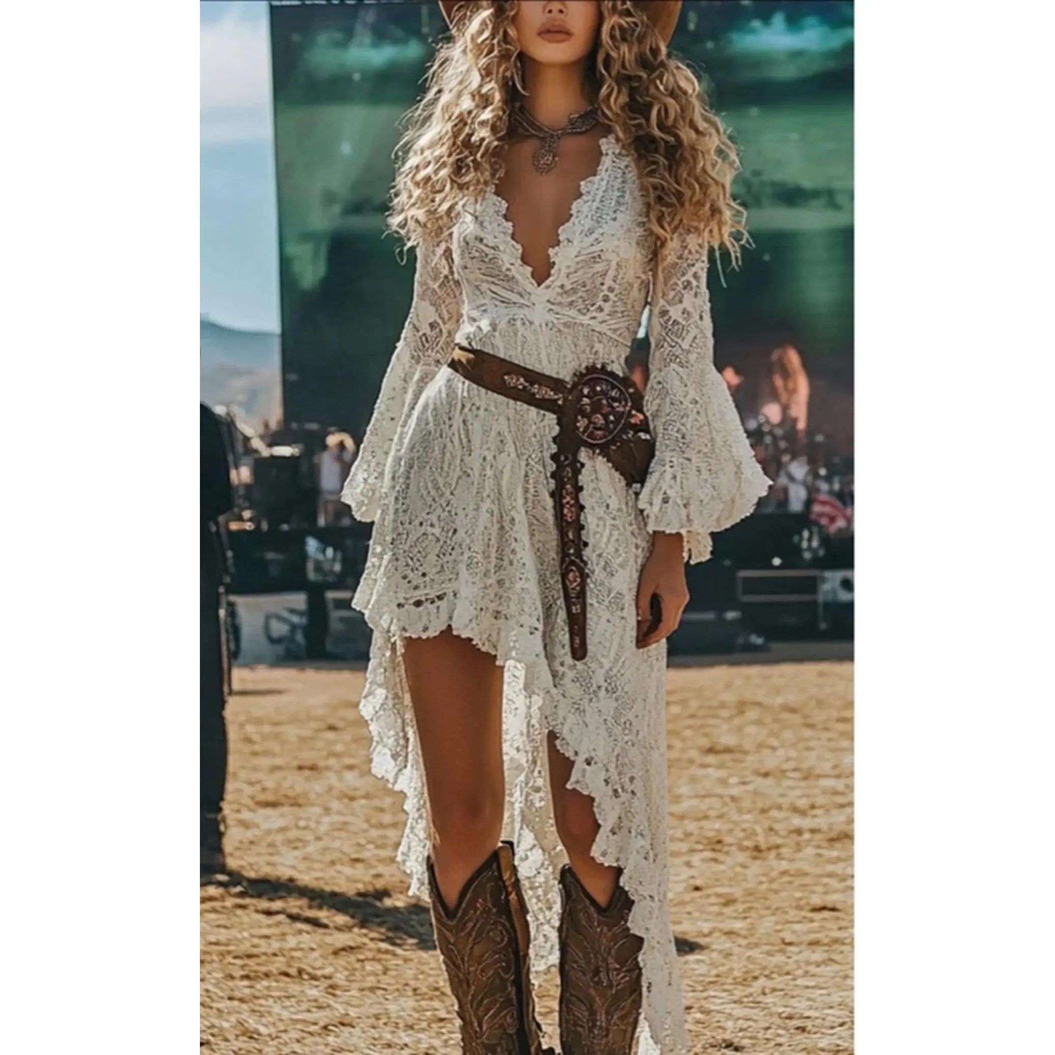 Lace High-Low V-Neck Dress in White - XS to XL Sizes - Perfect for Any Occasion