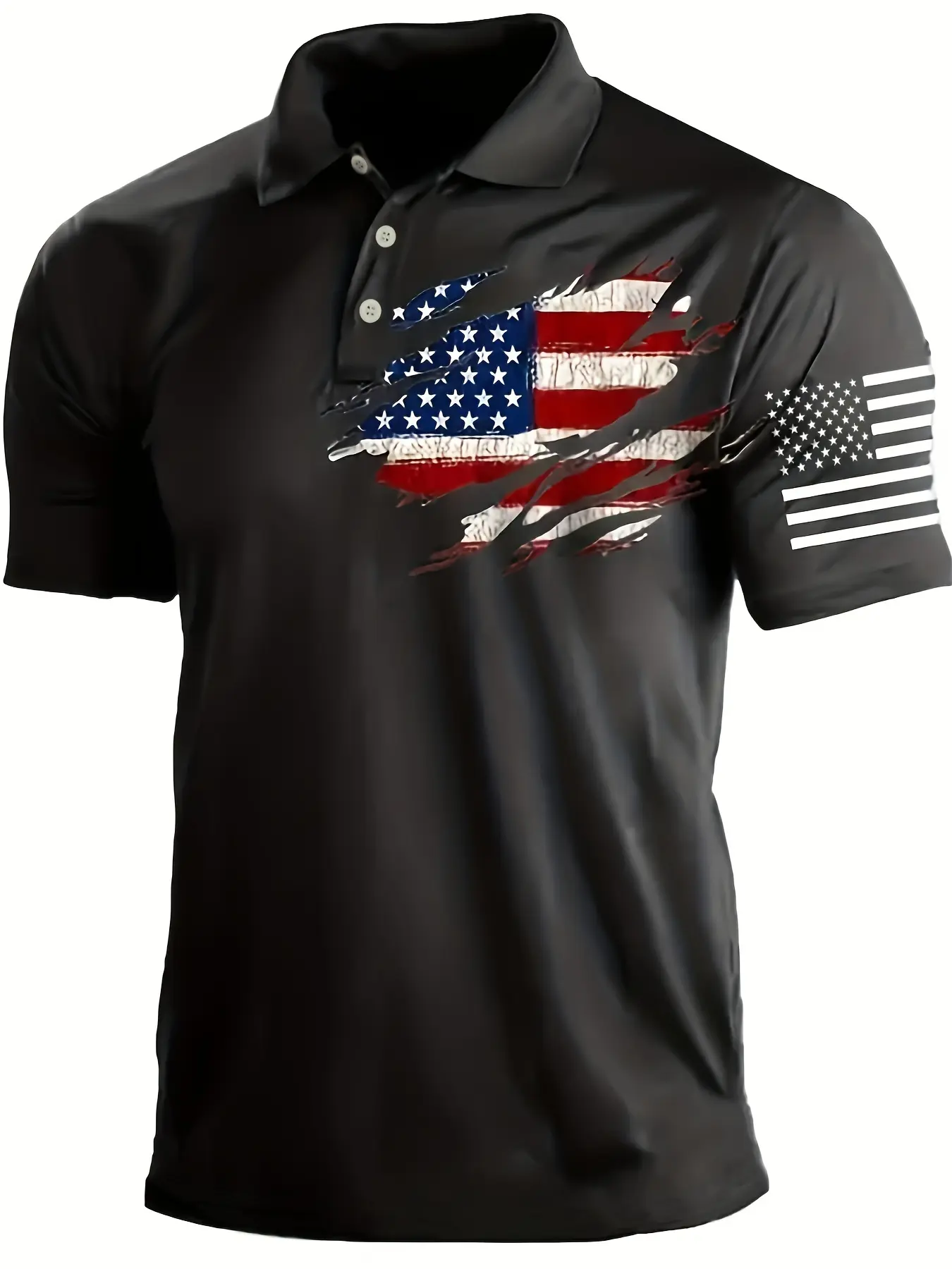 Trendy men's printed polo shirt with national flag design. Suitable for all seasons as casual wear. Made from polyester fabric. Suitable for gifting during National Day and for travel outfits.