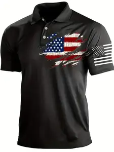 Trendy men's printed polo shirt with national flag design. Suitable for all seasons as casual wear. Made from polyester fabric. Suitable for gifting during National Day and for travel outfits.