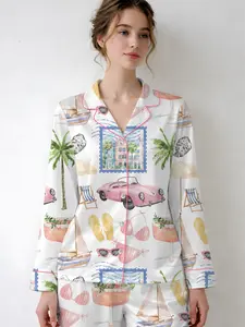 Pink Vintage Car Pajama Set, Summer Beach Vacation PJs, Cute Cocktail Palm Tree Print, Women Short,Long Sleeve Lounge Set Gift