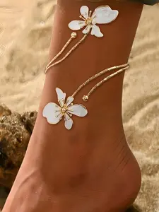 Elegant Geometric Line Adjustable Anklet, Fashionable Oil-Drop Flower Design, Perfect for Daily Wear, Parties, Vacations, Zinc Alloy Material