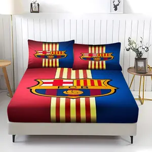Barcelona Football Club printed bed sheet with pattern, including 1 bed sheet and 2 pillowcases, anti slip dust cover suitable for bedrooms and guest rooms, suitable for personal use or gift giving