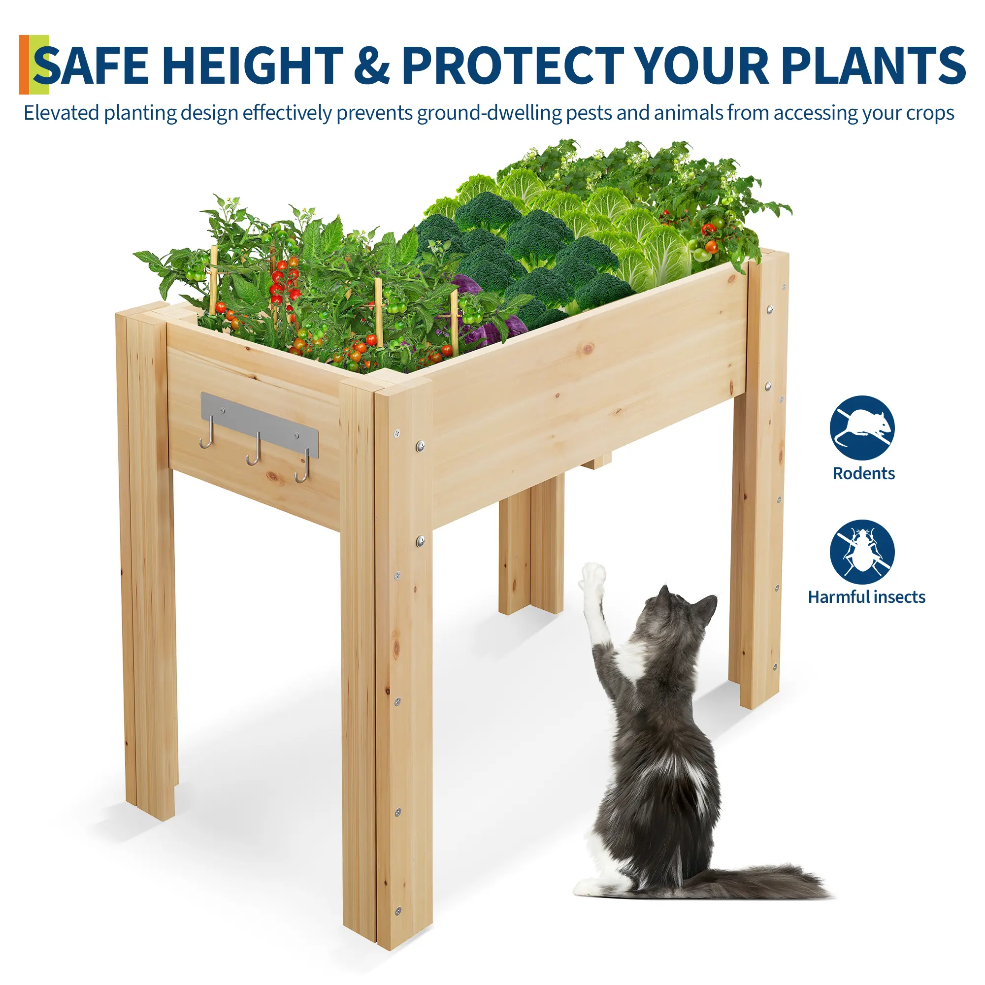 47"x30"x22" Raised Garden Bed - Premium Wooden Planter Box with Legs & Hooks for Vegetables, Flowers & Herbs, Outdoor Patio & Backyard