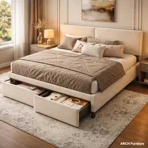 Twin Size Mid-Century Boucle Fabric Upholstered Cloud Bed Frame with Tufted Arch Headboard, 2 Storage Drawers, LED Lights, USB Charge Port, 1200lb Weight Capacity, Solid Wood Legs & Slats, No Box Spring Needed, Beige