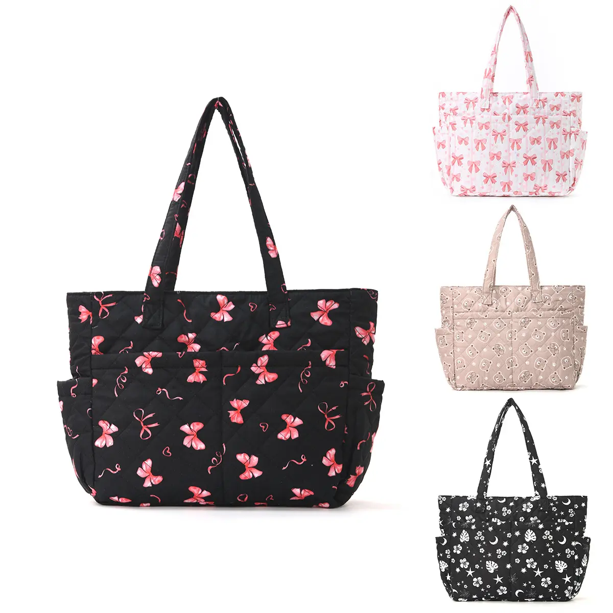 Women's Floral Print Cotton-Padded Shoulder Bag with Shoulder Strap, Multiple Pockets, Large Capacity Fashionable Shopping Bag, Purses for Travel, Daily Use, Daily Commuting Purse, Tote Bags