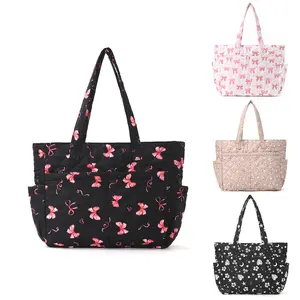 Women's Floral Print Cotton-Padded Shoulder Bag with Shoulder Strap, Multiple Pockets, Large Capacity Fashionable Shopping Bag, Purses for Travel, Daily Use, Daily Commuting Purse, Tote Bags