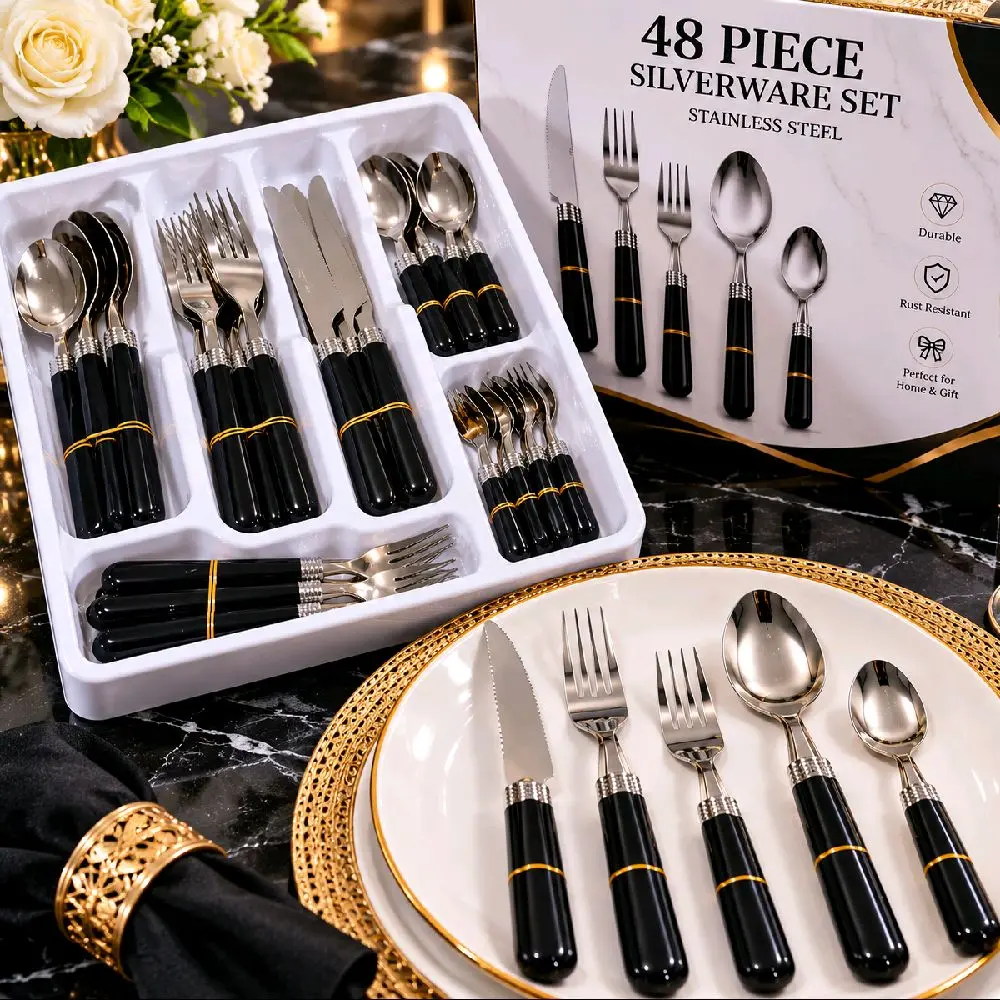 48-Piece Silverware Set with Black Handles and Gold Accents – Elegant Stainless Steel Flatware Set