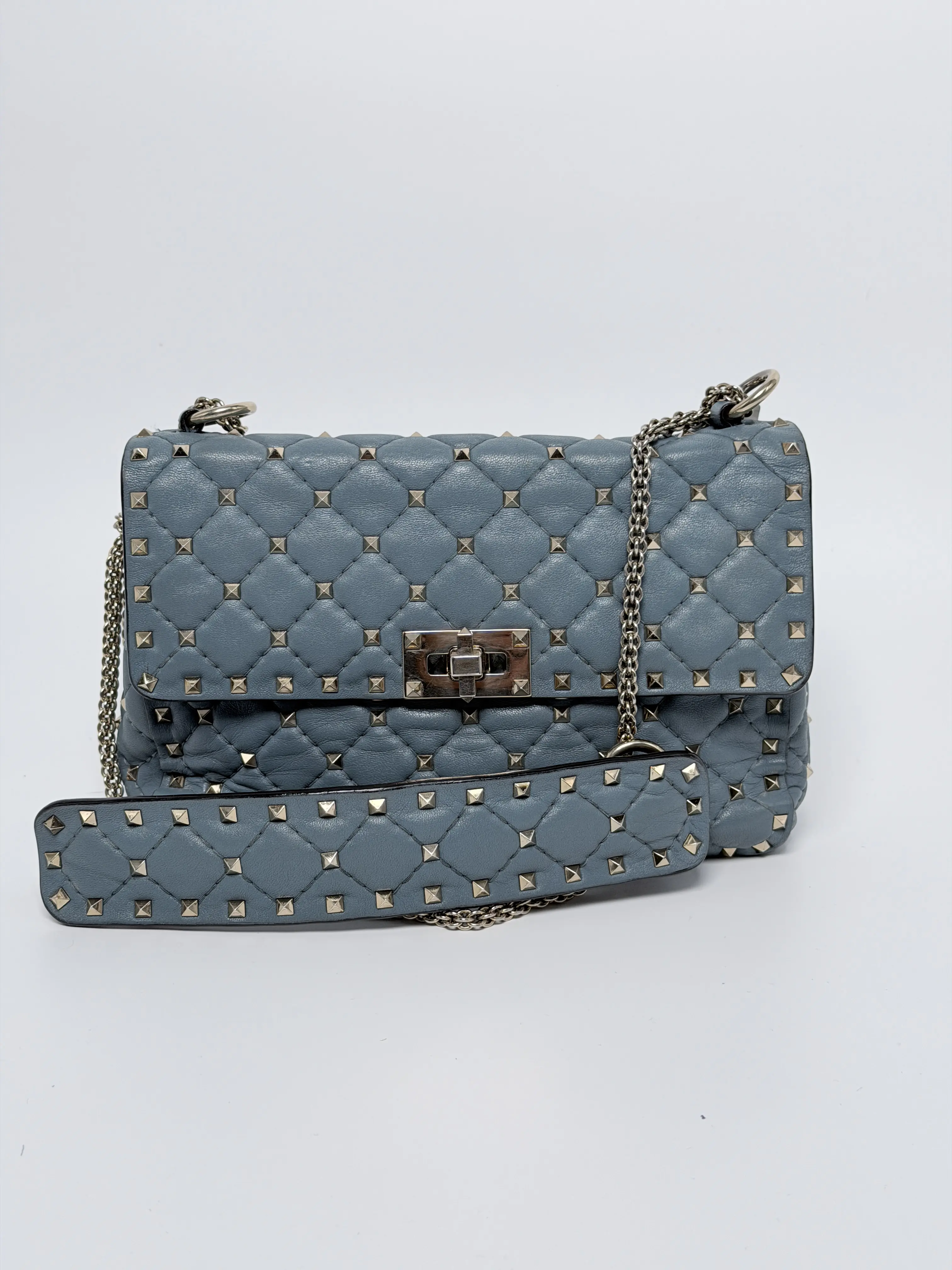 Pre-owned Valentino Leather Crossbody Bags Authentic Garavani Light Blue Medium Rockstud Spike Quilted Nappa Shoulder Bag Crossbody Handbag VL9Fei