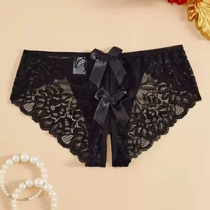 Women's Lace Open Crotch Panties Bowknot Floral Lace Briefs