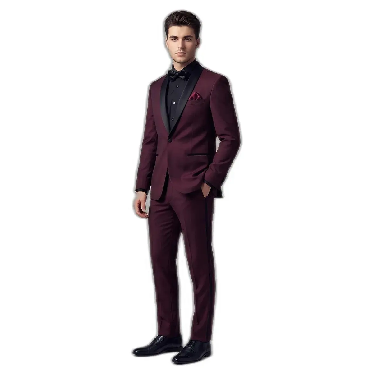 The Dark Vine – Burgundy Tuxedo + Black Shirt + Black Bow Tie | Prom 2026