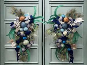 Peacock Feather Christmas Holiday Door Swags Double or Single Door - Winter Peacock and Blue Gold Door Wreath Swag