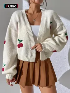 Women's Cherry Pattern Cardigan without Shoes, Casual Long Sleeve Open Front Knitwear for Fall & Winter, Fashion Ladies' Knit Clothing for Daily Wear, Knitting, Womenswear