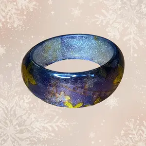 Midnight Bloom Resin Bangle - Sammie Jo Acrylic 2" Bangle with Floral Design Blue & Yellow Accents for Women's Jewelry Collections