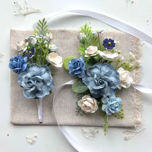 Light Blue Boutonniere and Corsage Set for Prom Wedding Groomsmen