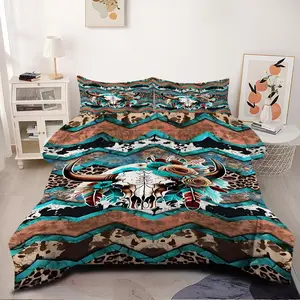 2/3pcs Beautiful Comforter Set - Bohemian Southwestern Comforter Set, Western Bull Skull Floral Print Bedding Set with Vibrant Chevron Accents, Unique Tribal Style Bedspread Set for Modern Home Aesthetic Pillow insert not included