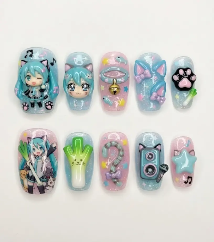 Handmade Hatsunee Mikumi Inspired Press On Nails | Kawaii Neko Cat Blue & Pink Glitter 3D Anime Nails | Reusable Fake Nails with FREE Adhesive Tabs FREE Nail File FREE Cuticle Stick