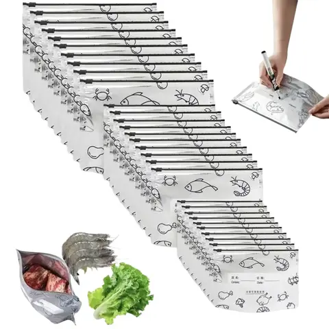 2026 New Reusable Aluminum Food Storage Bags - 30 Labeled Pieces, Easy-Zip Stand-Up Storage Containers, Airtight, Freezer-Seal Safe, Foldable, 20cm/7.9in Home Kitchen Organizers for Grab-and-Store Fruits, Veggies, Meat