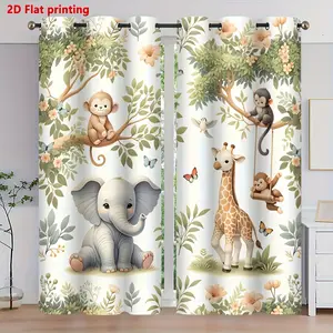 2D Flat Printed Animal Curtains 2 Panels, Cute Jungle Elephant Giraffe Monkey Print Window Drapes, Light Filtering Home Decor for Living Room Bedroom