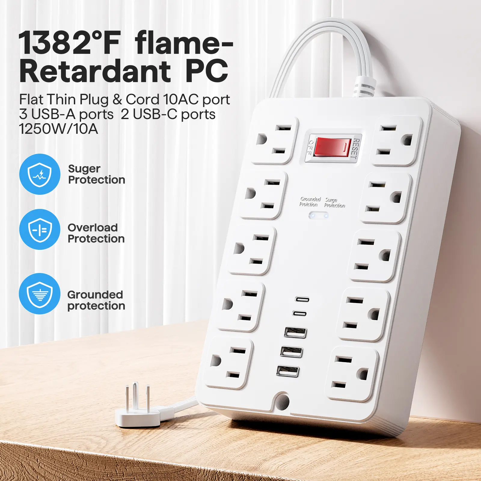 Rectangular Wired Power Strip, 5.5FT Universal US Flat Plug, 10 Widely Spaced Outlets, 5 USB Ports (2 USB-C Ports), 10W Charging, Indoor Office Desktop Electrical Accessory (Black/White) by Sohochic