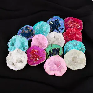 Natural Electroplate Colorful Agate Geode Quartz Crystal, Feng Shui Home Decor Ornament, Cave Rock Specimen