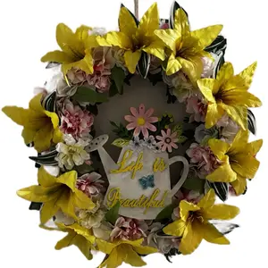 Spring Handcrafted Paper Flower Wreath with Yellow and Pink mix of paper and artificial Flowers Life is Beautiful Centerpiece on 18 Inch Grateful Wreath