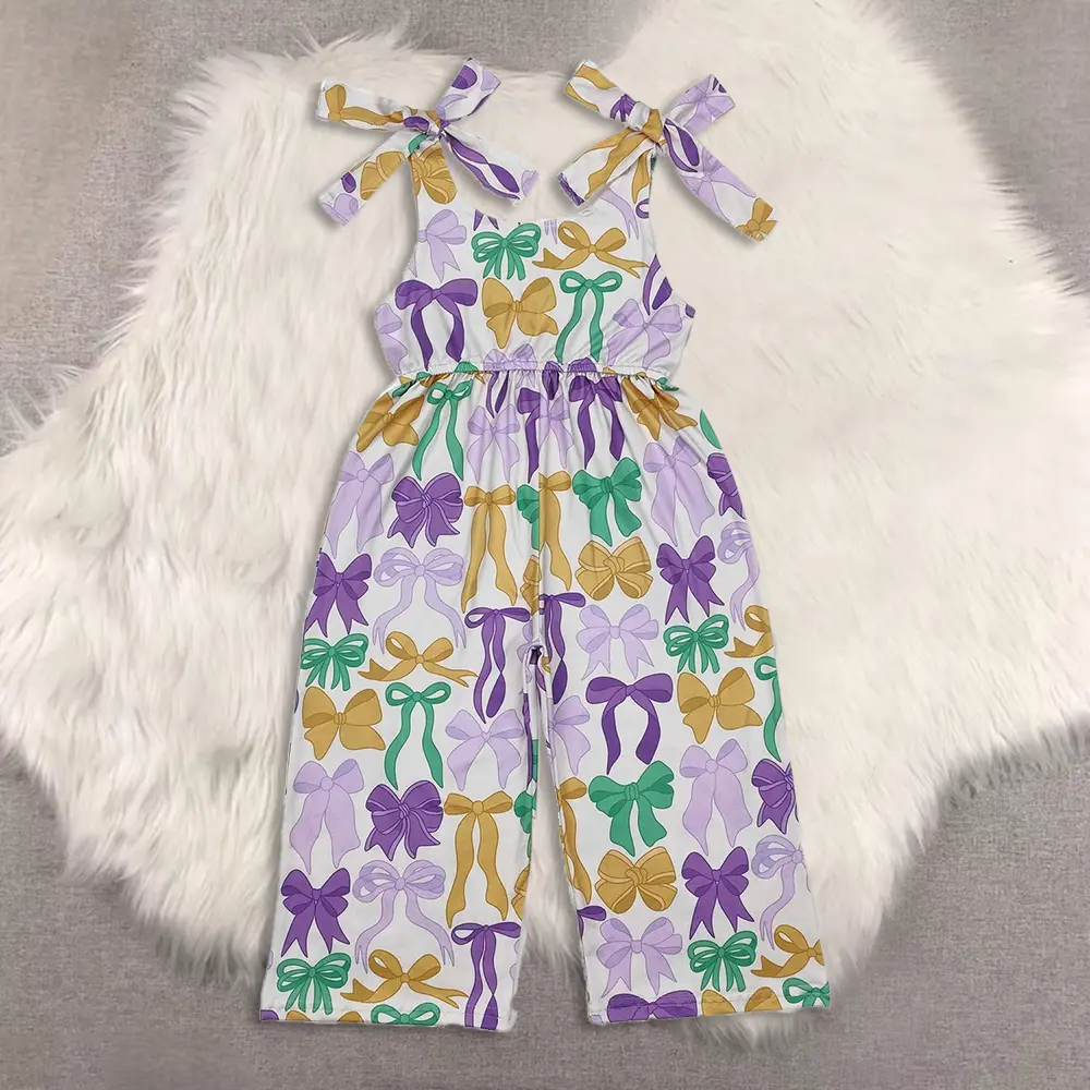 New Clothes Kids Girls Mardi Gras Jumpsuit with Straps Purple Green Gold Bow for Children's Party Wear