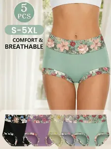 [S-5XL] Women’s Floral Print Mid-Rise Briefs, Tummy Control & Butt-Lifting Design, High-Stretch Soft and Breathable Fabric, Relaxed Vacation-Inspired Comfort, All-season casual style,Underwear, casual,elegant,panty, 5PCS