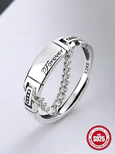 925 Sterling Silver Vintage English Letter Chain Ring, Adjustable Open Ring, Fashion Jewelry Accessories for Women & Girls, Alphabet Design Ring