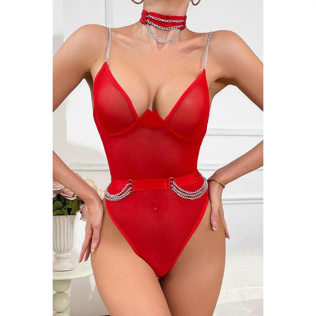 Red Bandage Chain Mesh Choker Belted Bodysuit 3Pc Lingerie