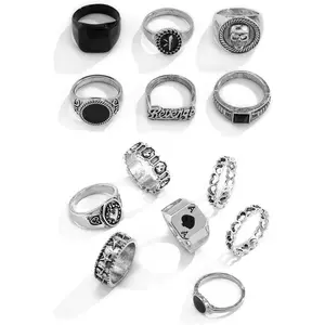 Vintage Gold Silver Punk Rings for Men Women,Cool Gothic Ring Set,Chunky Stackable Joint Knuckle Rings,Retro Skull Ace Malachite Rings