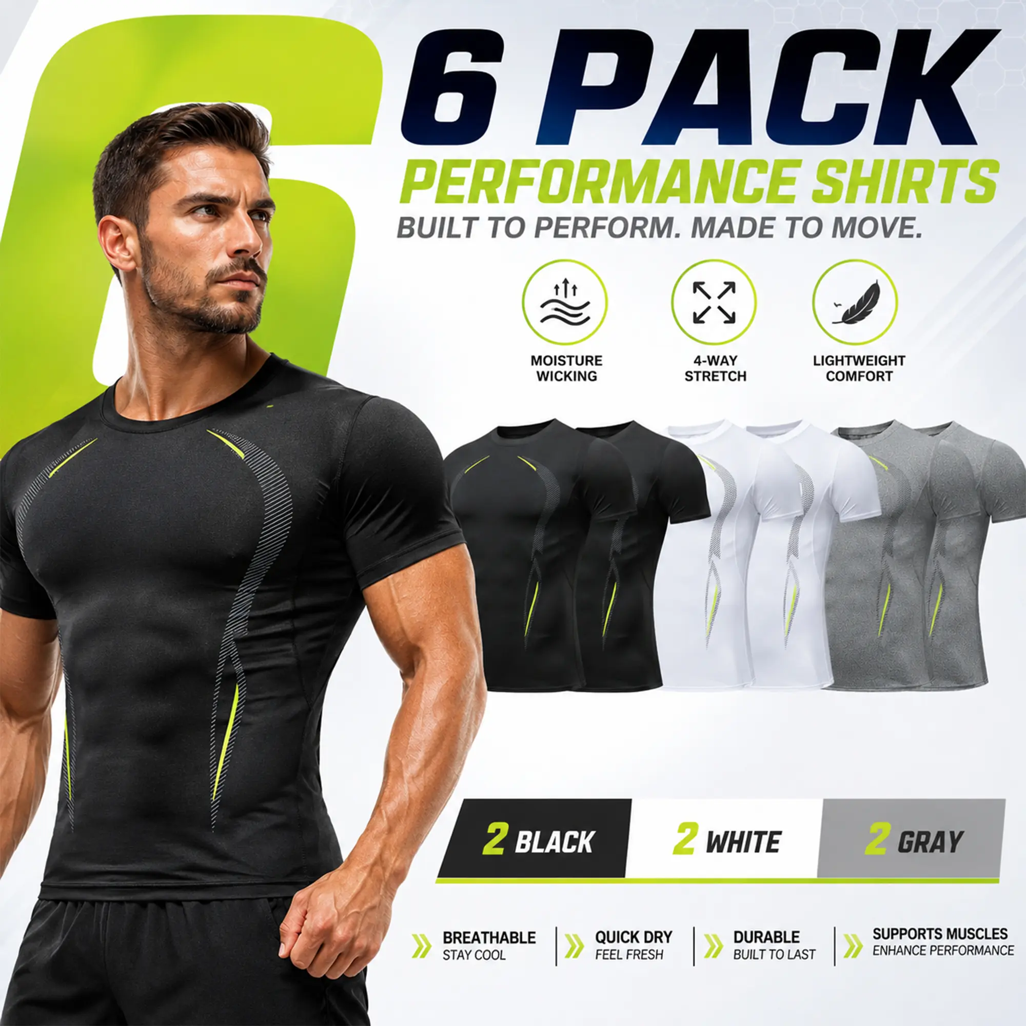 Men's Fashionable Fitness Compression T-Shirts, 6-Pack, Sports T-Shirts, Suitable for Workouts, Gym, Running, and Basketball—2 Black, 2 White, 2 Gray