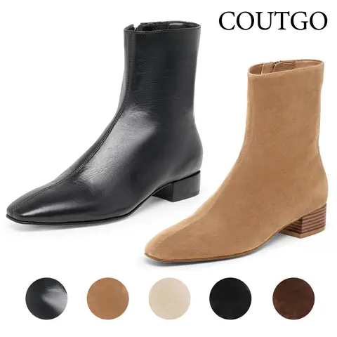 Coutgo Women's Minimalist Waterproof Ankle Booties - 1.5-in Chunky Low Block Heel, Square Toe, Side Zipper, Plain Rubber Sole, Shoes for Women, Fall Winter Casual Work Office Footwear