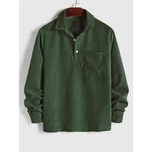 Men's Plain Pocket Button Half Placket Corduroy Shirt for Spring, Work Shirt for Men, Regular Fit Streetwear Long Sleeve Collared Top for Fall Winter, Plain Shirt, Men Clothes, Longsleeves Knitted Shirt Menswear Beige Casual Army Green