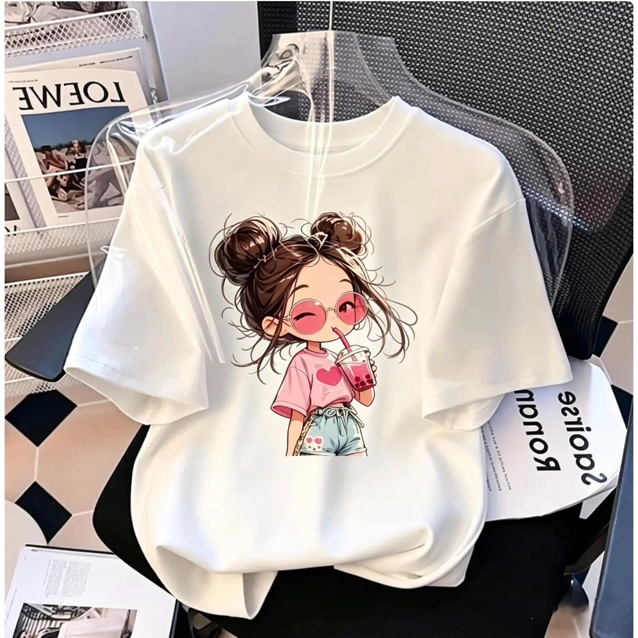 Women's Casual Light Soft Short-Sleeve Cotton Tee - Japanese Fashion Cartoon Print Round Neck Loose-Fit Summer Streetwear Sports Top