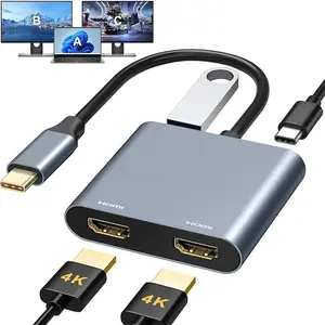 USB C to Dual HDMI Adapter 2 outpit movie 4K@60HZ, USB C Hub HDMI Adapter for Dual Monitors with USB-A 3.0, 100W PD Compatible for MacBook Air/Pro, More Thunderbolt 3/4 Laptop