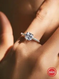 1 Pc Exquisite Real S925 Sterling Silver Half Circle Four-Claw Square Zircon Engagement Rings For Women Eternal Ring Promise Wedding Ring Luxury Ladies Fine Bride Jewelry Anniversary Gift Girlfriend Gift Birthday Gift Dating Gift Valentine's Day Gifts