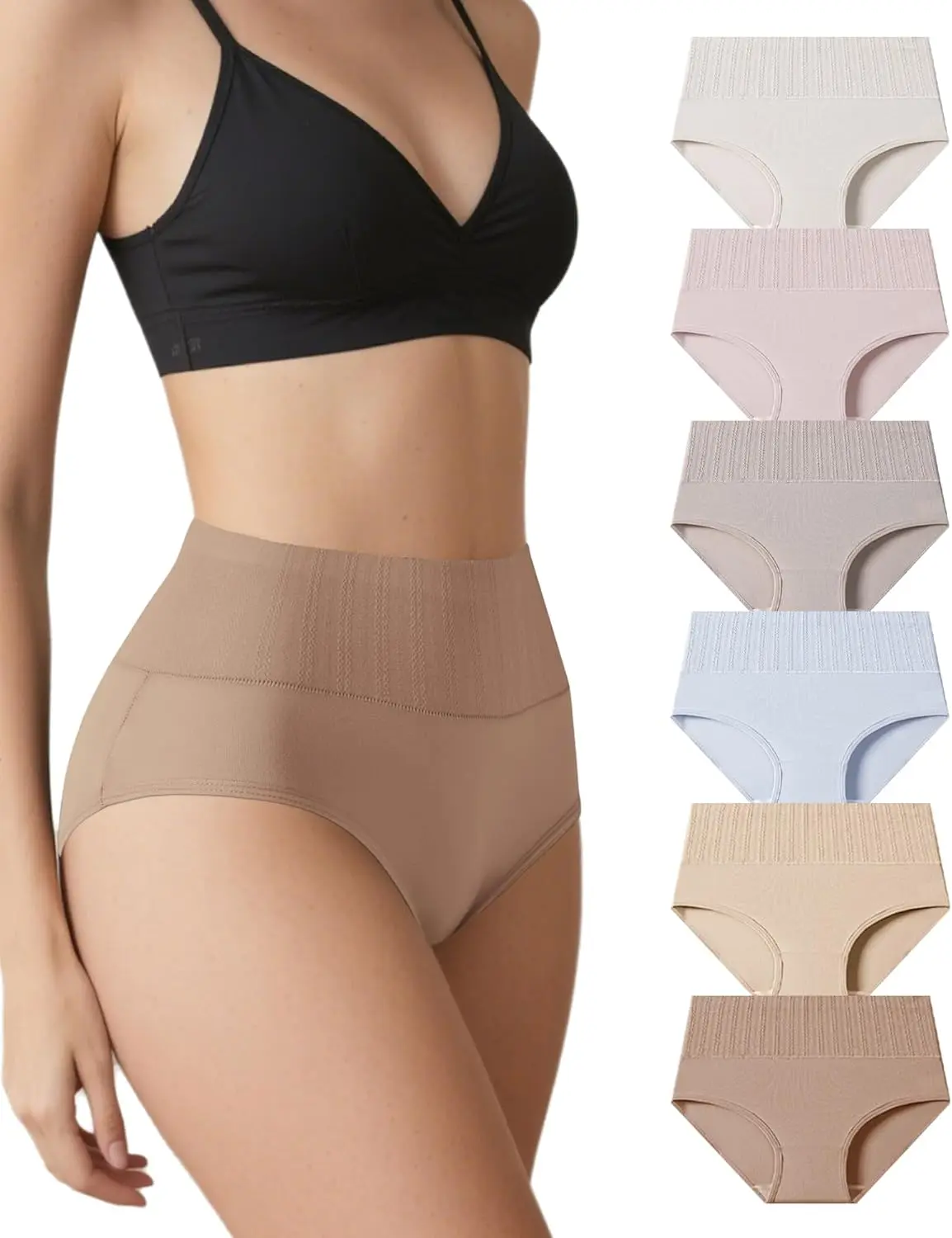 HOTCOM Women's Cotton Underwear High Waisted Strech Soft Briefs Ladies Full Coverage Panties 6 Pack