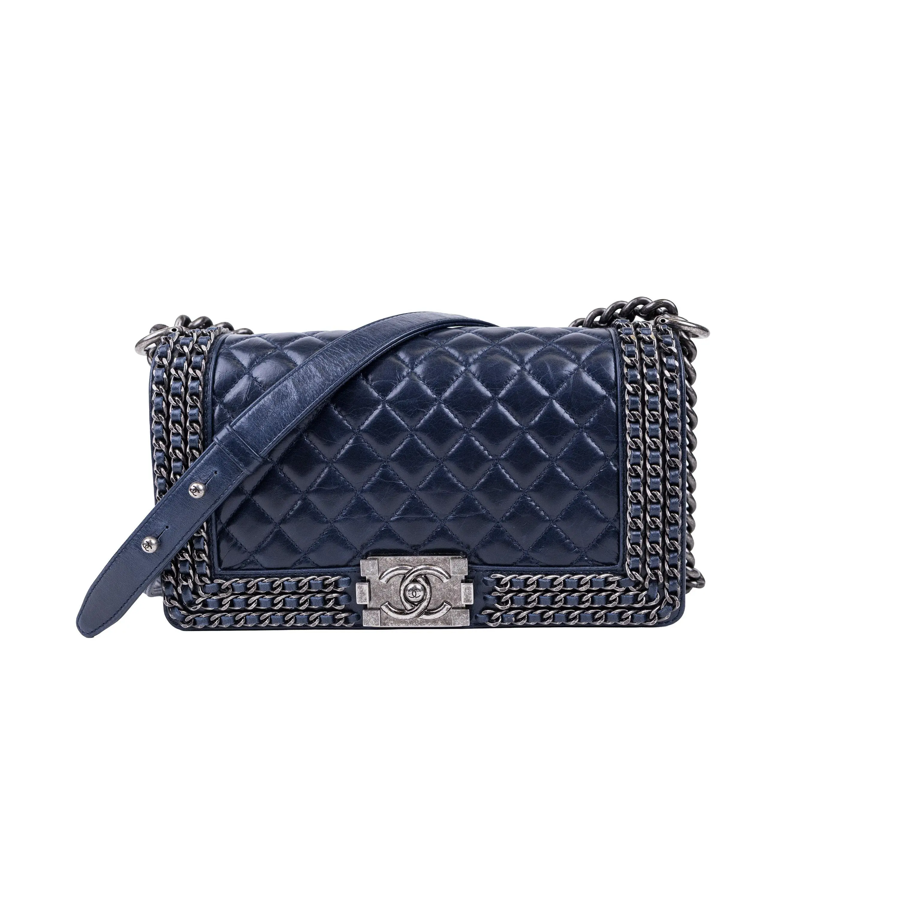Pre-owned Calfskin Leather Shoulder Bags Chanel Navy Blue Metallic Glazed Calfskin Le Boy Chain Around Handbag Medium Silver Hardware