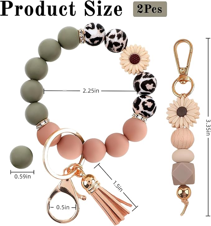 2PCS Bracelet Key Ring Set, Cute Car Key chain Wristlet, Silicone Beaded Bangle keyChains for Women Girls