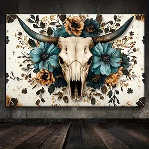 1 Piece Bull Head Bone Wall Art Poster, Solid Wood Frame - Rustic Farmhouse Style Waterproof Durable Wrapped Canvas Print, Turquoise Blue and Gold Bull Head Design, Beige Background - Includes Easy Hanging Hardware, Suitable for Home Office, Bathroom, Liv