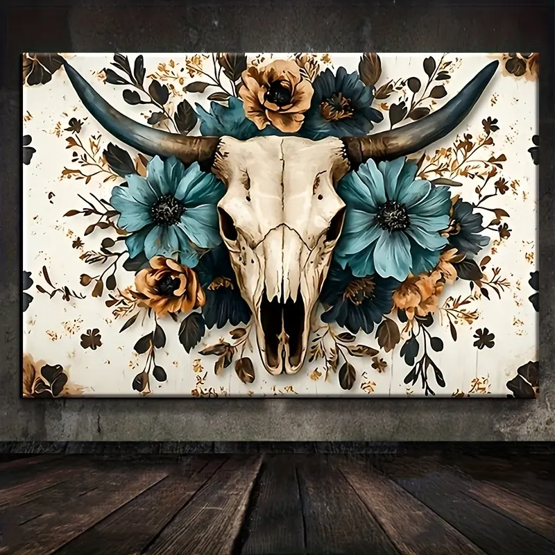 1 Piece Bull Head Bone Wall Art Poster, Solid Wood Frame - Rustic Farmhouse Style Waterproof Durable Wrapped Canvas Print, Turquoise Blue and Gold Bull Head Design, Beige Background - Includes Easy Hanging Hardware, Suitable for Home Office, Bathroom, Liv