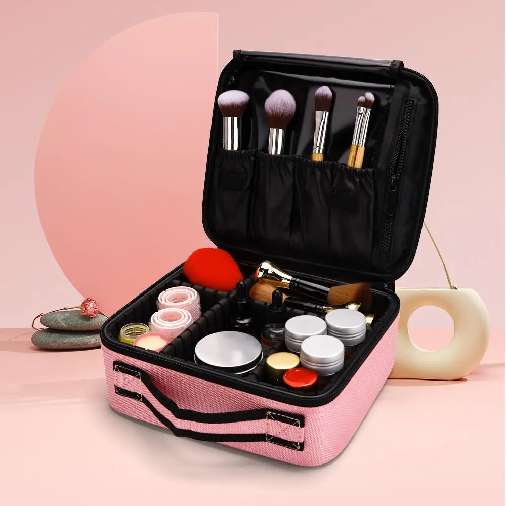 Large Capacity Makeup Storage Bag with Handle, Travel Makeup Case, Summer Portable Multi-grid Cosmetics Storage Bag, Zipper Makeup Organizer Pouch for