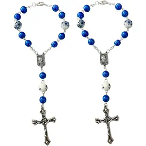 2-Piece Car Rosary & Cross Pendant Car Accessories, Rearview Mirror Hanging Ornament for Interior Decors (Blue)