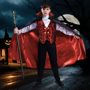 Boys Vampire Costume Set Halloween Party Vampire Cosplay Outfit with Cape Shirt Pants & Cane Kids Dracula Costume for Themed Parties